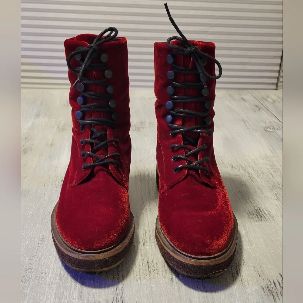 Goldmud Red Velvet Lace-Up Boots *Handmade in Portugal* - Picture 1 of 12